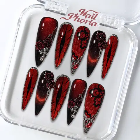 NailPhoria SCARLET NOCTURNE - Halloween Handmade Press-On Nails | Reusable, Salon-Quality, Long-Lasting, Glossy Design- Long Stiletto 33mm