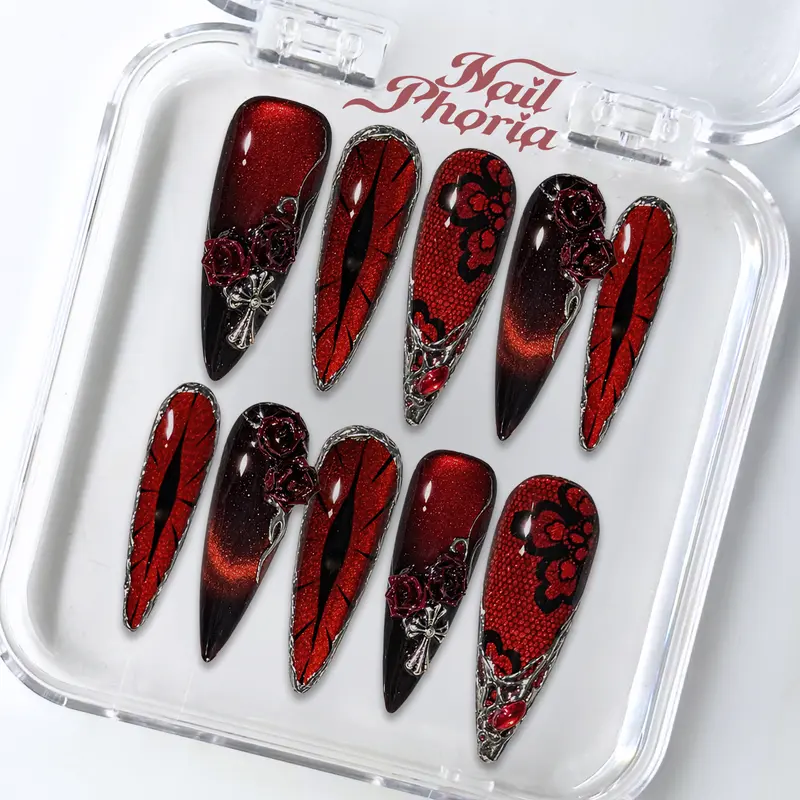 NailPhoria SCARLET NOCTURNE - Halloween Handmade Press-On Nails | Reusable, Salon-Quality, Long-Lasting, Glossy Design- Long Stiletto 33mm