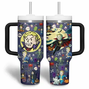 Fallout Vault Boy Halloween Tumbler with Handle | Spooky Custom Gaming Mug | Perfect Gift for Fallout Fans & Collectors | Durable Insulated Drinkware