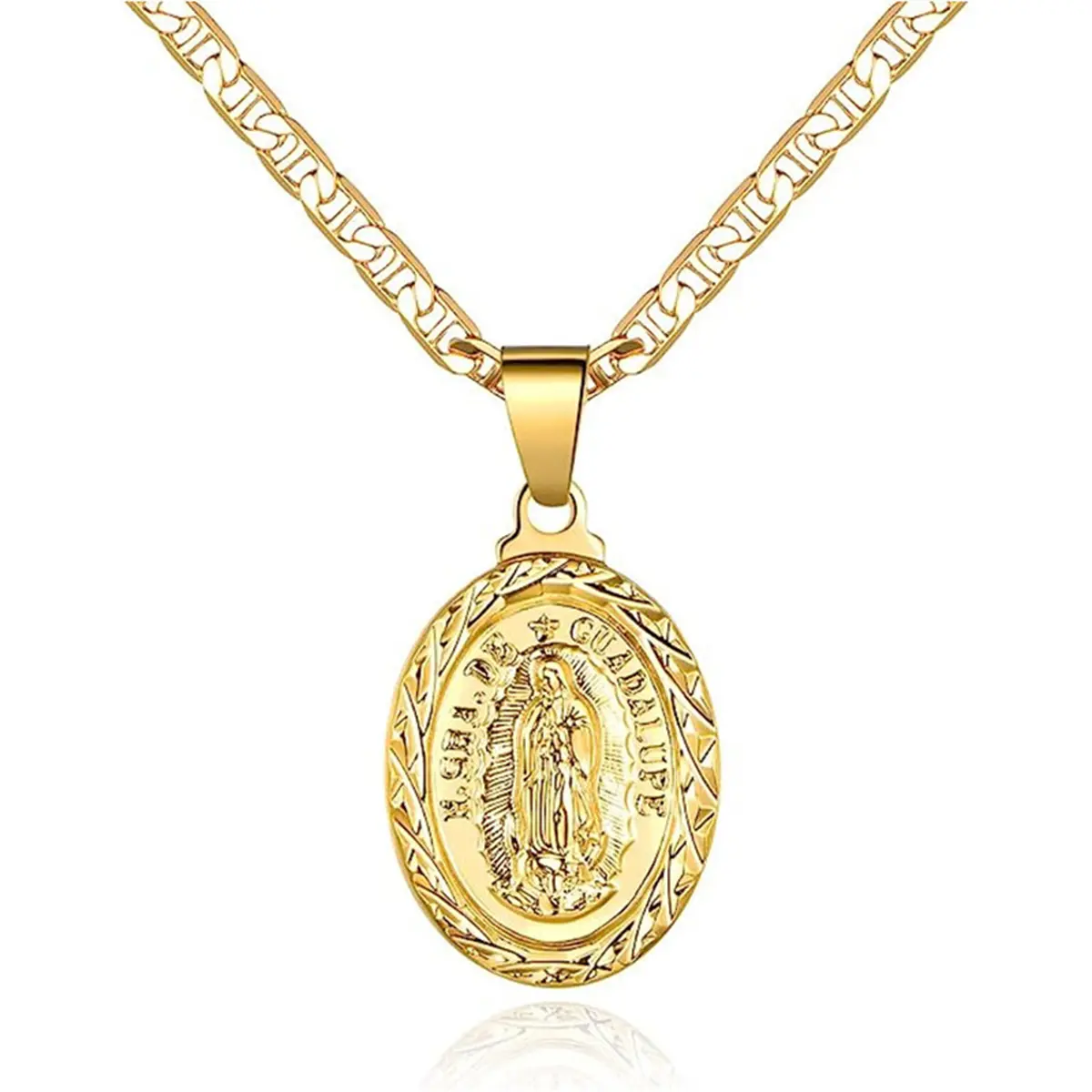Women's Gold-Plated Flat Sailor Faith Gold Necklace with Guadalupe Madonna & Oval Pendants, Exquisite Jewelry Gift, Stylish Accessories for Women