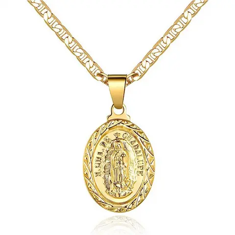 Women's Gold-Plated Flat Sailor Faith Necklace with Guadalupe Madonna, Oval Pendants & Metallic Emblem, Long Chain Material Costume Jewelry, Memorial Day Gift for Women, Necklaces, Metallic Emblem Necklaces