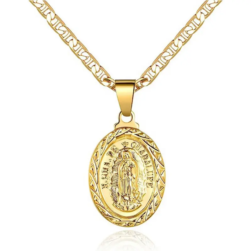Women's Gold-Plated Flat Sailor Faith Necklace with Guadalupe Madonna, Oval Pendants & Metallic Emblem, Long Chain Material Costume Jewelry, Memorial Day Gift for Women, Necklaces, Metallic Emblem Necklaces