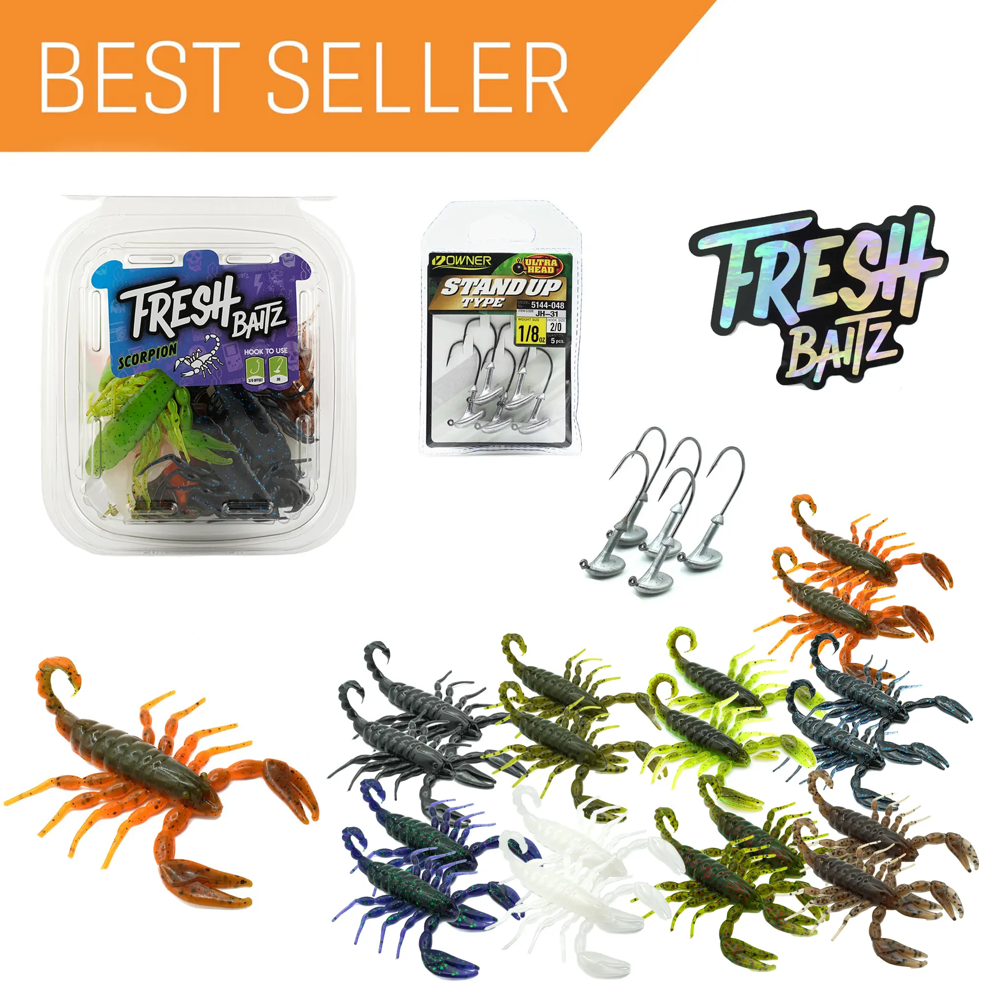 Fresh Baitz Scorpion Sampler Kit includes 18 scorpions (9 different colors) plus 5 Owner Stand up Jigs. Great for smallmouth and largemouth bass fishing any time of the year.