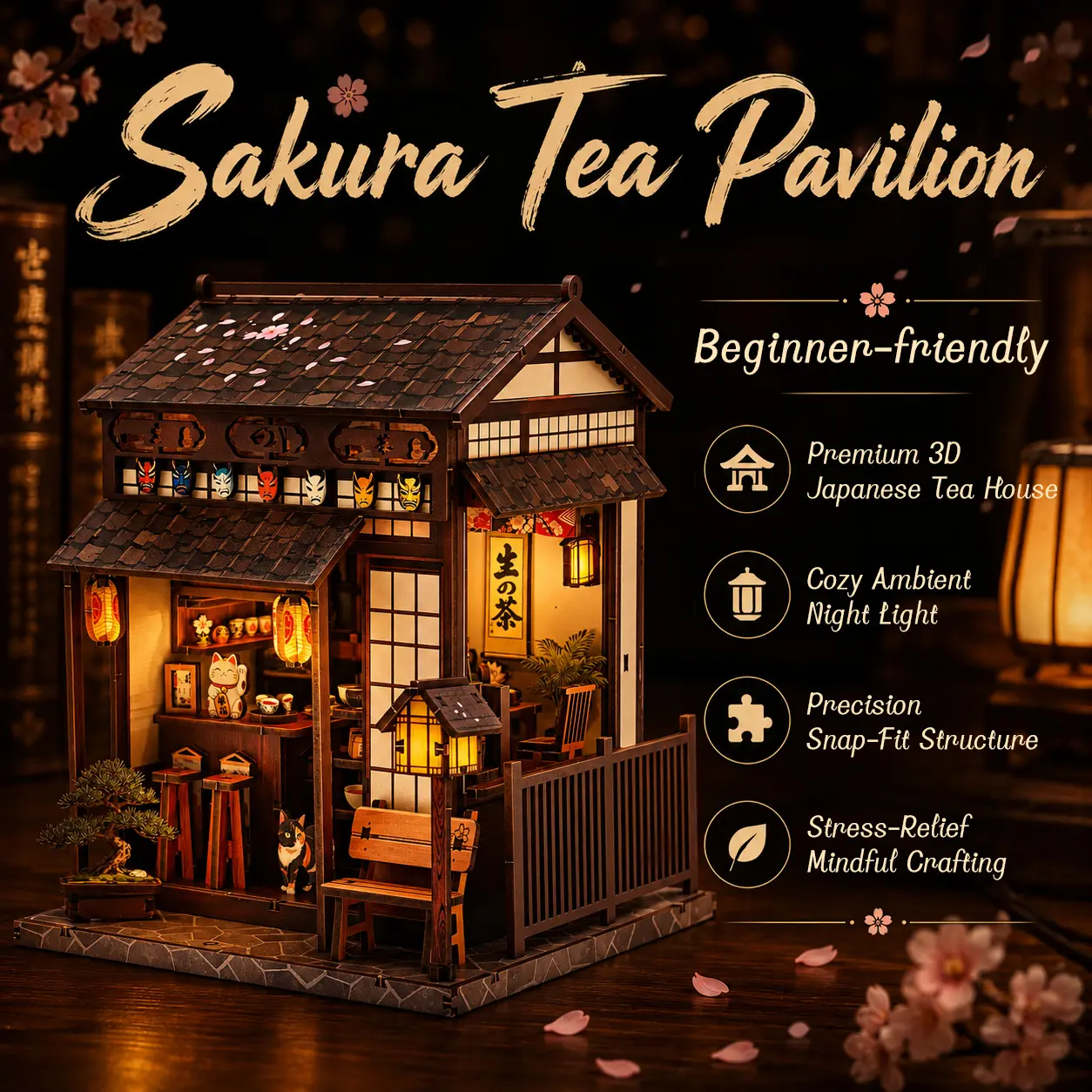LYNNUO Sakura Tea Pavilion Book Nook Kit - Unisex 220PCS 3D Wooden DIY Puzzle, Japanese Miniature House Kit for Adults Beginners, Stress Relief Mindfulness Craft Gift for Book Lovers, House Decoration Bookshelf Accent
