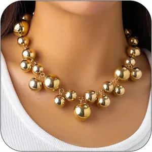 Women's GOLD Chunky beaded choker Necklace Big Statement Necklace gold ball bead