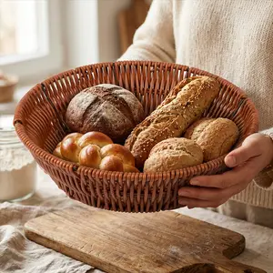 Multi-Functional Handmade Woven Basket, Round Imitation Rattan Fruit Bowl, Ideal for Living Room Fruits, Storage Organizer for Pantry