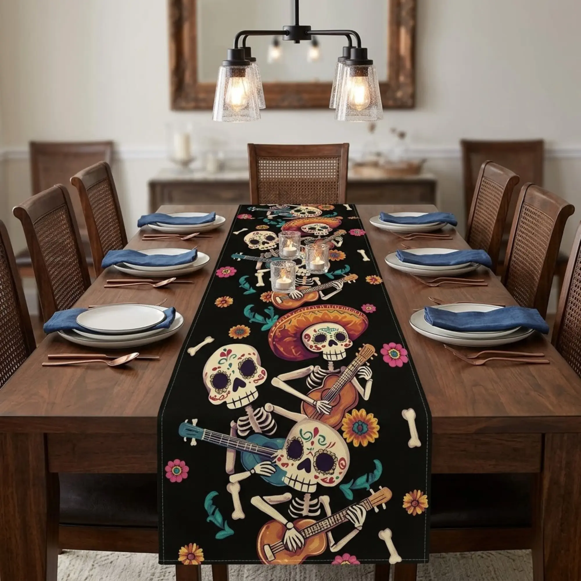 Day of the Dead Table Runner, Colorful Sugar Skull Skeleton Guitar Design, Mexican-Inspired Dining Table Decoration for Parties and Seasonal Home Décor