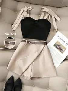 Summer New European Style Pure Desire Hot Girl Halter Tie Bow Knot Bra Crop Top + High Waist Asymmetric Irregular Suit Short Pants Set Clothes, Slimming, Fitted and Concealing, Fashionable, Aesthetic and Versatile, Anti-Exposure