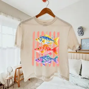 Comfort Colors Fish Cropped Tee, Summer Boho Boxy Tee, Coastal Beach Shirt, Tropical Bright Color Fish Tshirt, Retro Graphic Ocean Life Tee