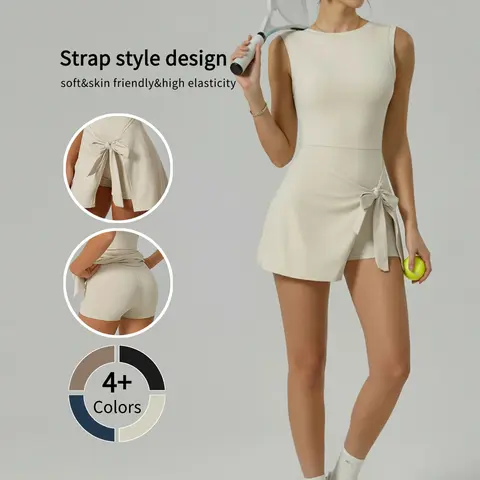 Women's Elegant Sporty Tennis Dress - Athletic Skort Dress with Built-in Shorts, Sleeveless Tie-Front, Above-Knee Mini, 22% Elastane for Female Tennis, Golf Spring Summer Activewear