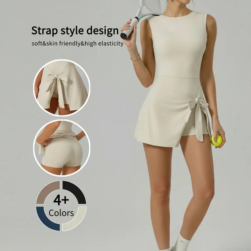 Women's Elegant Sporty Tennis Dress - Athletic Skort Dress with Built-in Shorts, Sleeveless Tie-Front, Above-Knee Mini, 22% Elastane for Female Tennis, Golf Spring Summer Activewear