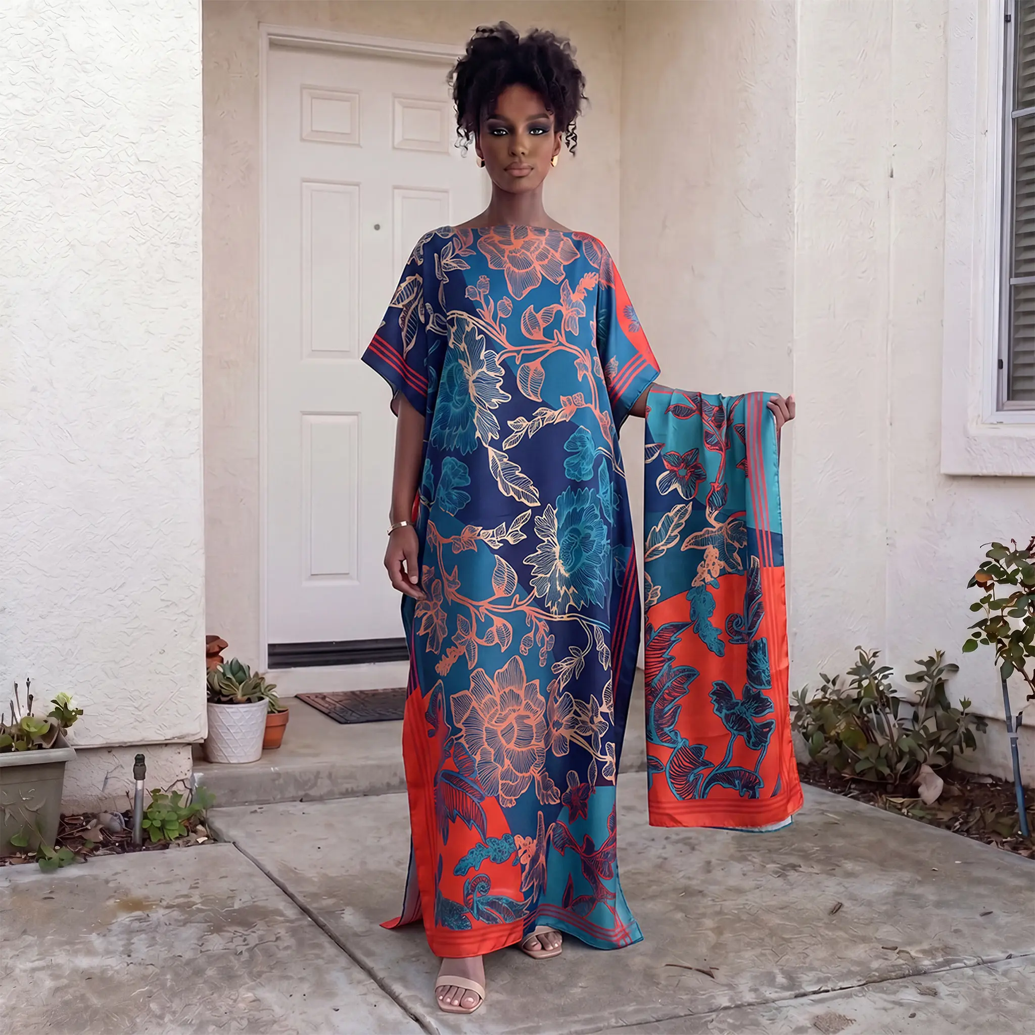 Moo Moo Kaftan Set With Matching Hijab, Bold Blue Red Contrast Big Floral Print Glossy Satin, Silky Loose Side Split Maxi Dress, Bohemian Modest Outfit For Party Holiday Wedding Daily Summer Beach Wear