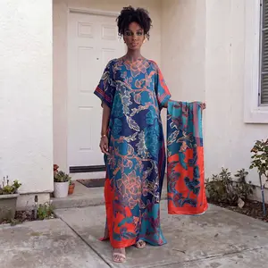 Moo Moo Kaftan Set With Matching Hijab, Bold Blue Red Contrast Big Floral Print Glossy Satin, Silky Loose Side Split Maxi Dress, Bohemian Modest Outfit For Party Holiday Wedding Daily Summer Beach Wear