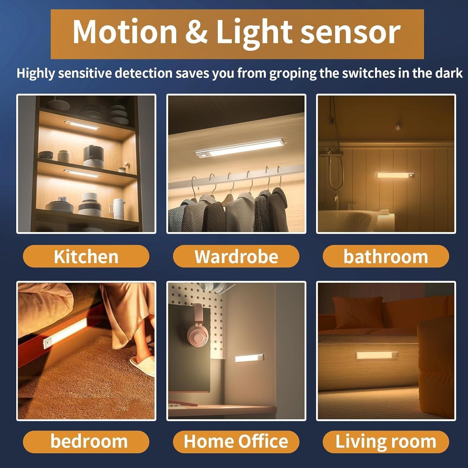 4 Pack Motion Sensor Under Cabinet LED Lights, USB Rechargeable Battery Powered Wireless Magnetic LED Strip Lights, Stick-On Night Light for Kitchen Counter Closet Wardrobe Cupboard Stair, Auto Shut-Off, Eye-Care Soft Gradual Brightness 4 Pack Motion Sensor Under Cabinet LED Lights, USB Rechargeable Battery Powered Wireless Magnetic LED Strip Lights, Stick-On Night Light for Kitchen Counter Closet Wardrobe Cupboard Stair, Auto Shut-Off, Eye-Care Soft Gradual Brightness