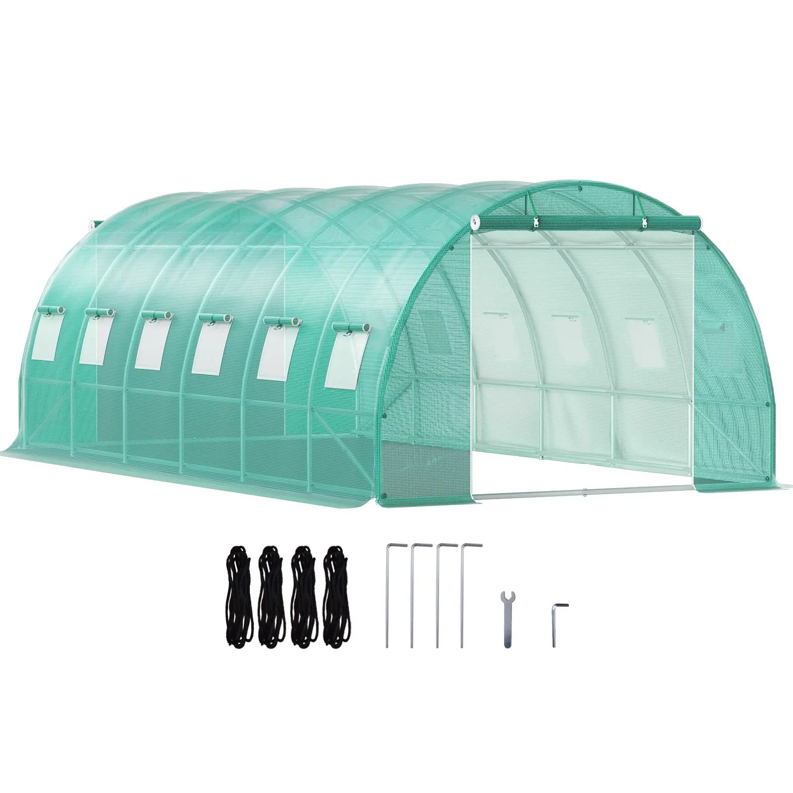 Walk-In Tunnel Greenhouse 20 x 10 x 7 Ft Portable Garden Hot House With Galvanized Steel Hoops, Three Top Beams, Diagonal Poles, Two Zippered Doors, Twelve Roll-Up Windows, Green, Durable Weatherproof Outdoor Plant Grow Tent