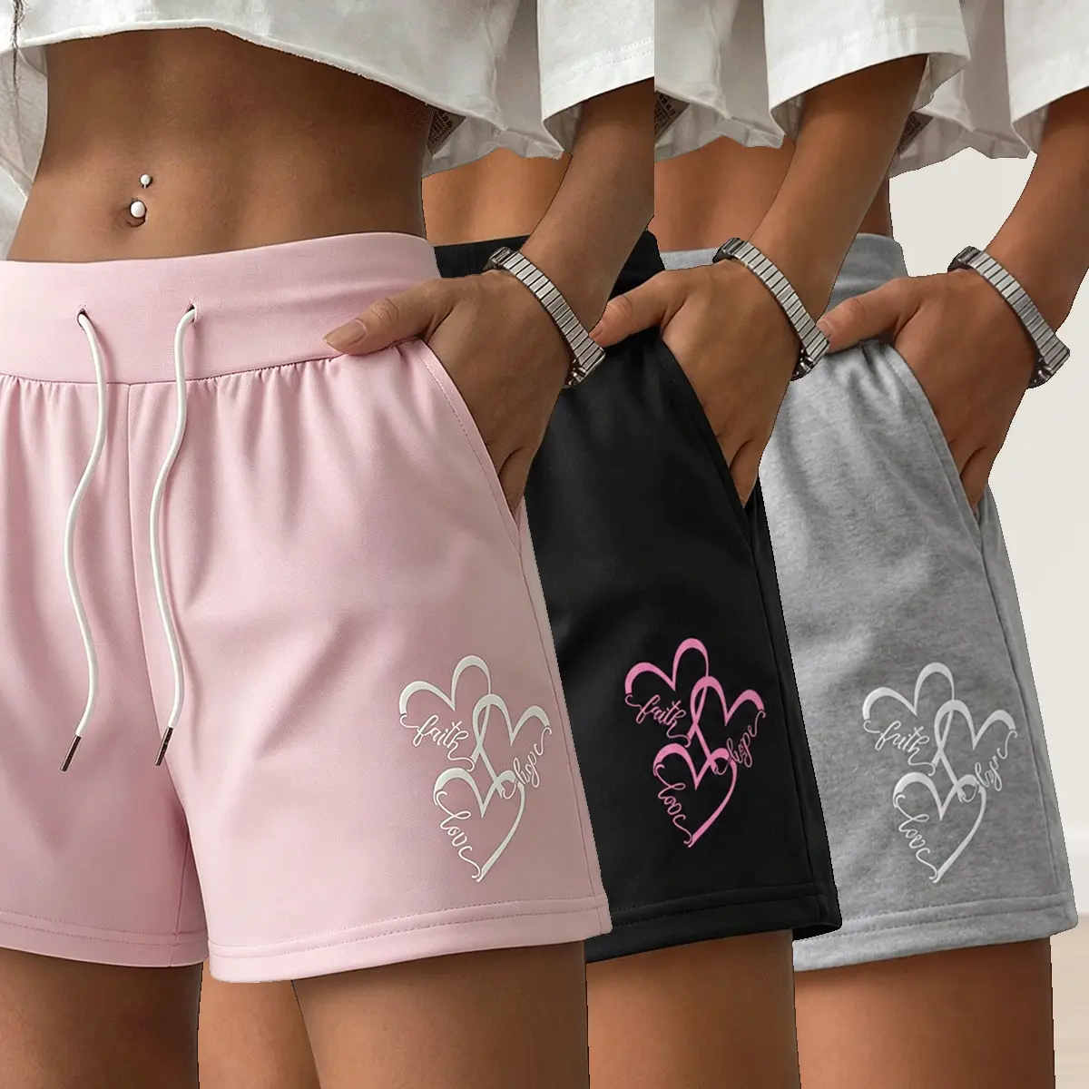 Set of 3 women’s summer shorts featuring an elastic waistband with adjustable drawstring, minimalist stylish design with pockets, and unique printed patterns—perfect for beach vacations, gym workouts, and home wear.Summer shorts, women's shorts.Summer vib