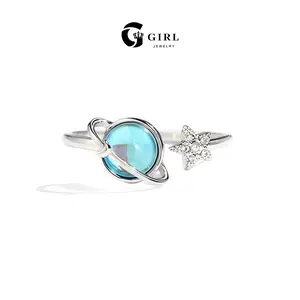 GGRIL Perfect Gift for My Daughter Moon&star Rotating Ring For Women/Girl-With Gift Card Adjustable Inaild Shining Blue Artificial Zircon, Dainty Encouraging Ring Jewelry , Cute Daily Versatile Exquisite Jewelry for Girls/Daughter/Girlfriends