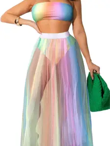 Women's Summer 3 Piece Sets Swimsuit Sexy Tube Top Long Mesh High Waist Skirt Floor Length Beach Swimwear Cover Up Set with Bikini Bottom Pink/Purple
