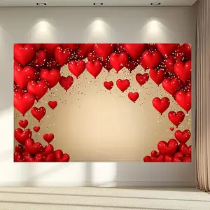 1pc Valentine'S Day Heart-Shaped Balloon Backdrop Banner - Red & Pink Heart Design with Glittery Accents, Polyester, Perfect for Weddings, Birthdays, Anniversaries, and Photo Studio Decor, Indoo