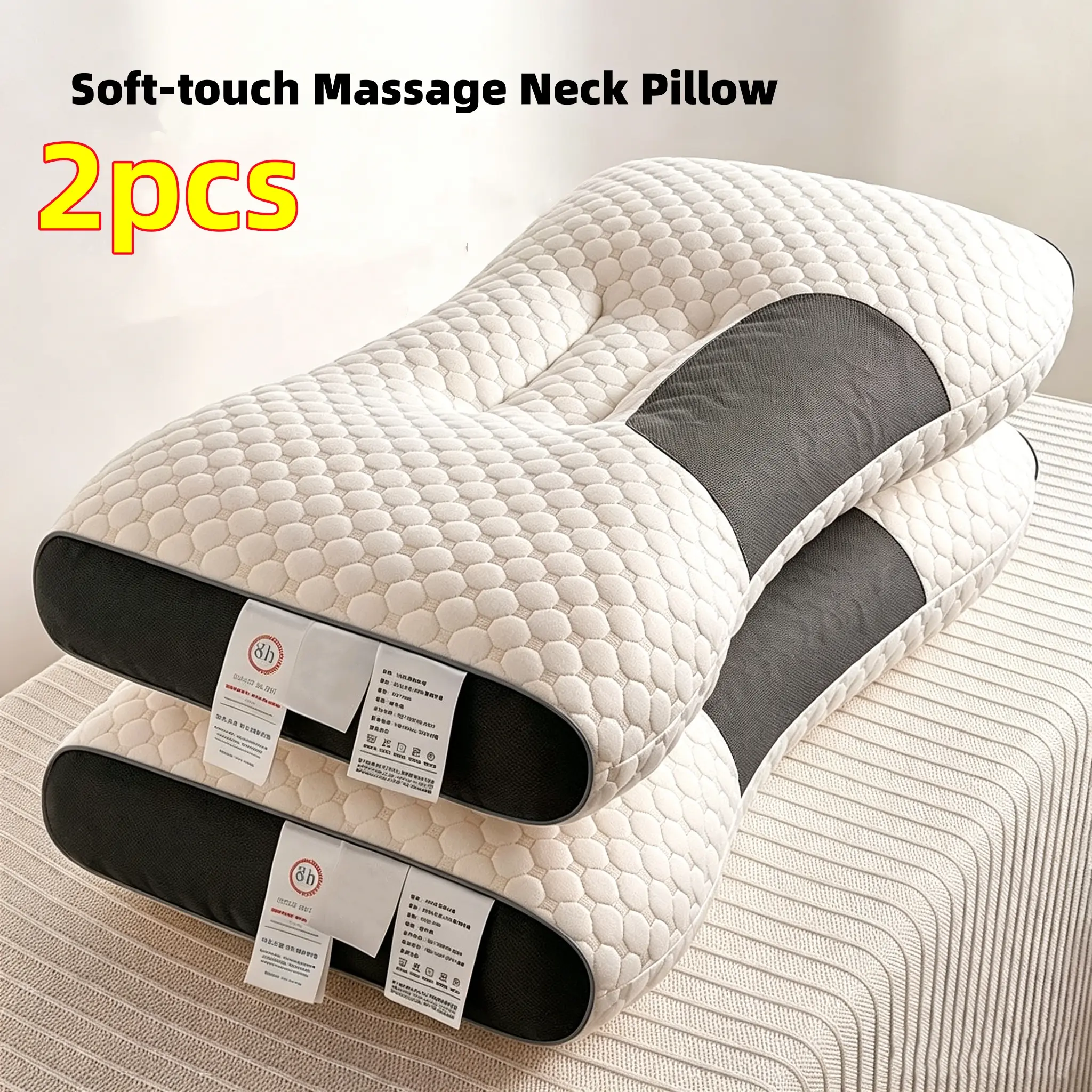 2 Ergonomic Adjustable Cervical Neck Pillows - Modern Design, High-Quality Polyester Fibre Filling, Soft Zipped Covers, Machine Washable, Comfort for Side/Back Sleepers