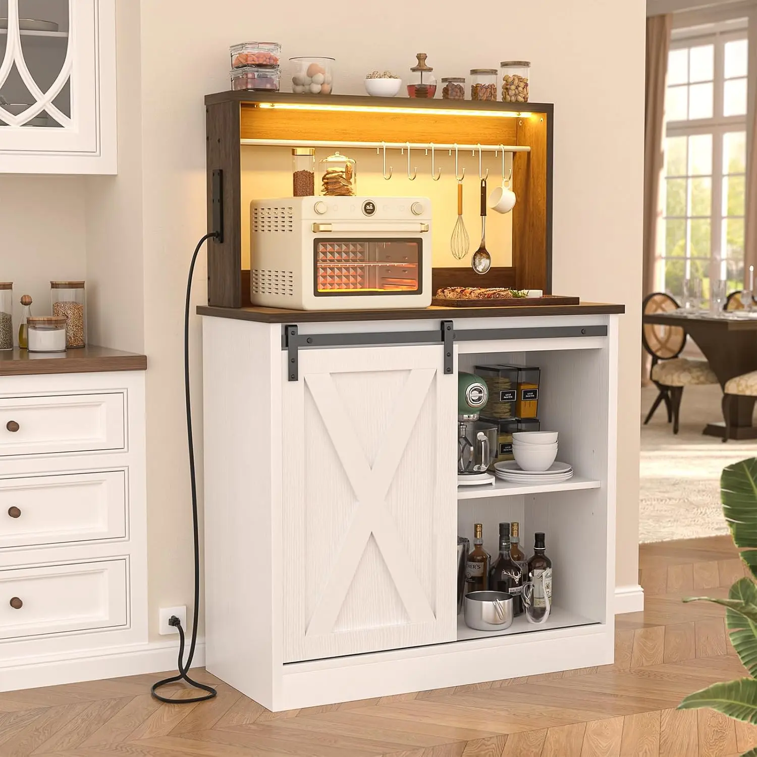 Unikito Classic Country Style Coffee Bar Station - Farmhouse Look Lighted Curio Cabinet, Home Decor Baker's Rack, Kitchen Sideboard with Built-in Charging Station, LED Lights, Adjustable Shelves, Sliding Barn Door, Tabletop Shelf, Hooks, Wine Bar
