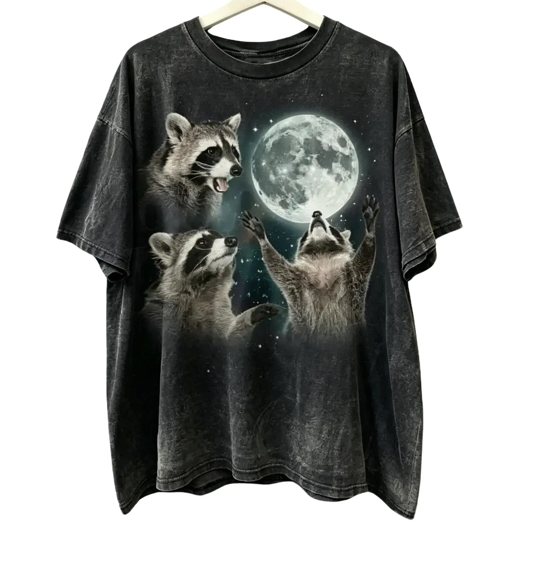Men's 3 Raccoons Vintage Graphic T-Shirt, Oversized Washed 230gsm Cotton Short-Sleeve Crewneck, Baggy Streetwear Apparel, Shortsleeve, Classic, Print, Breathable, Retro, Round Neck Casual Clothes