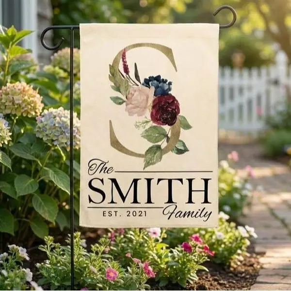Personalized Family Garden Flag, Custom Last Name Yard Banner, Monogram Floral Porch Decor, Wedding Gifts, Housewarming Gift, Outdoor House Flag Decor