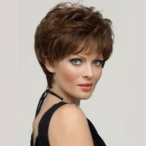 Women's Synthetic Full Machine Wig - Female Short Brown Micro-Curly Wig for Daily Wear, White Hair Coverage