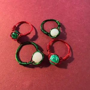 Copper Christmas Rings - Festive Red & Green Wire Wrapped with White Beads for Holiday Decor