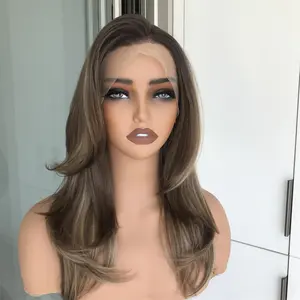AISOM A03 Brunette Blonde Highlights 13x4 Glueless Free Part Lace Wig Pre Plucked Hairline 16inches Layered Wig Heat Friendly Synthetic Wig Daily Use