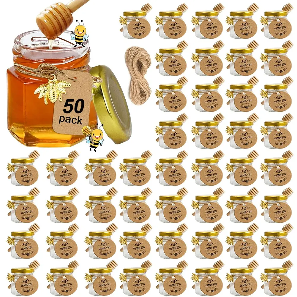 50pcs 1.5oz Lidded Decorative Traditional Mini Honey Glass Jars - Gold Lids, Bee Pendants, Wooden Dippers, Dishwasher-Safe Bulk Pack Storage Bottles & Jars for Bee-Themed Parties, Wedding Favors