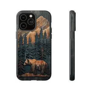 Wood Bear Phone Case, Faux Wood Pine Tree Forest, Nature Outdoor Lover, Hunter Landscape