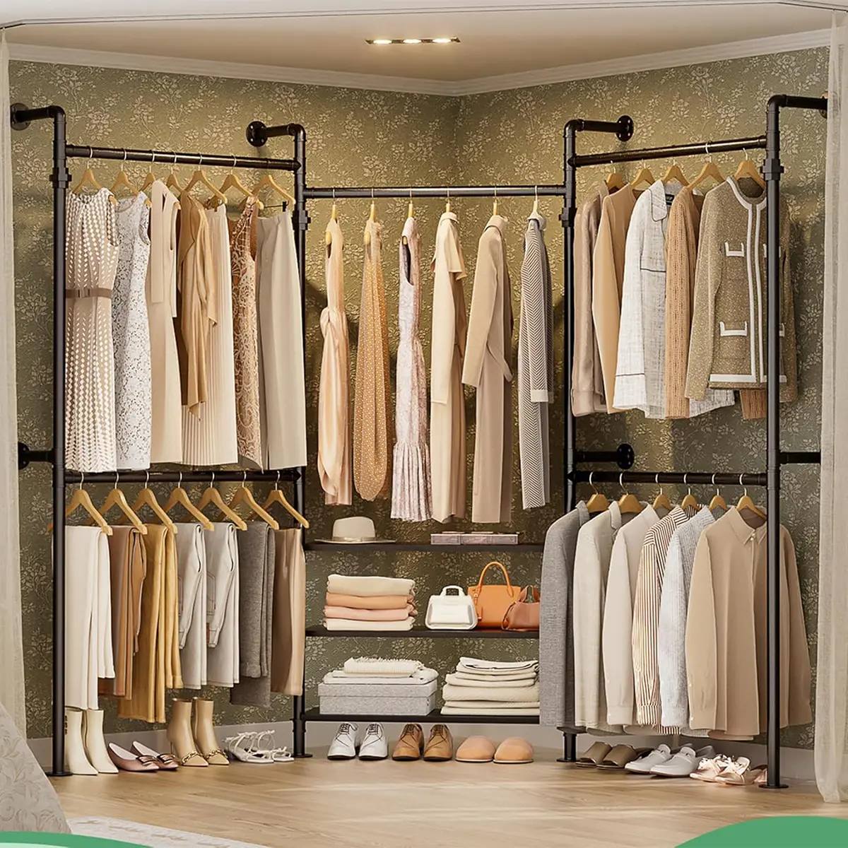 Expandable Industrial Corner Pipe Clothing Rack – 7.3-10.9FT Reversible Wall Mounted Closet System, L-Shaped Garment Rack, Holds 1000+ lbs