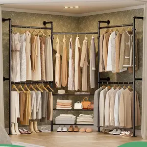 Expandable Industrial Corner Pipe Clothing Rack – 7.3-10.9FT Reversible Wall Mounted Closet System, L-Shaped Garment Rack, Holds 1000+ lbs