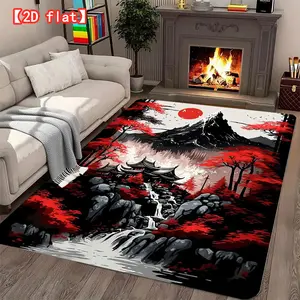 2D flat large bestseller velvet carpet with red leaf landscape and ancient pavilion waterfall for living room, hallway, bedroom, and game room modern home decor carpet