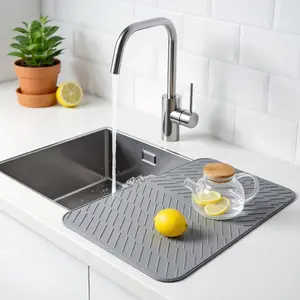 Extra Large Silicone Drying Mat with Built-in Drain Lip Non-Slip Heat-Resistant Dish Coaster Easy-Clean Kitchen Counter Drainer Pad for Fast Efficient Dish Drying