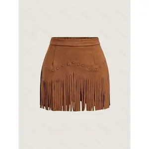 Women’s Fringe Trim Short Skirt, Elegant Solid Color Zip-Up Skirt for Everyday Wear, Ladies Bottoms for All Seasons