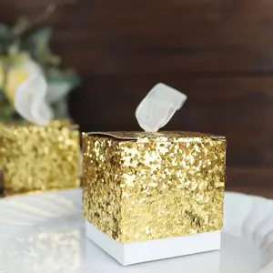 25-Pack Classy Beautiful Gold Sequin Glitter Mini Birthday Gift Boxes with White Ribbon Loop - Office Gift Box Wrapping Stationery for Party Communion Desserts (2" Size)