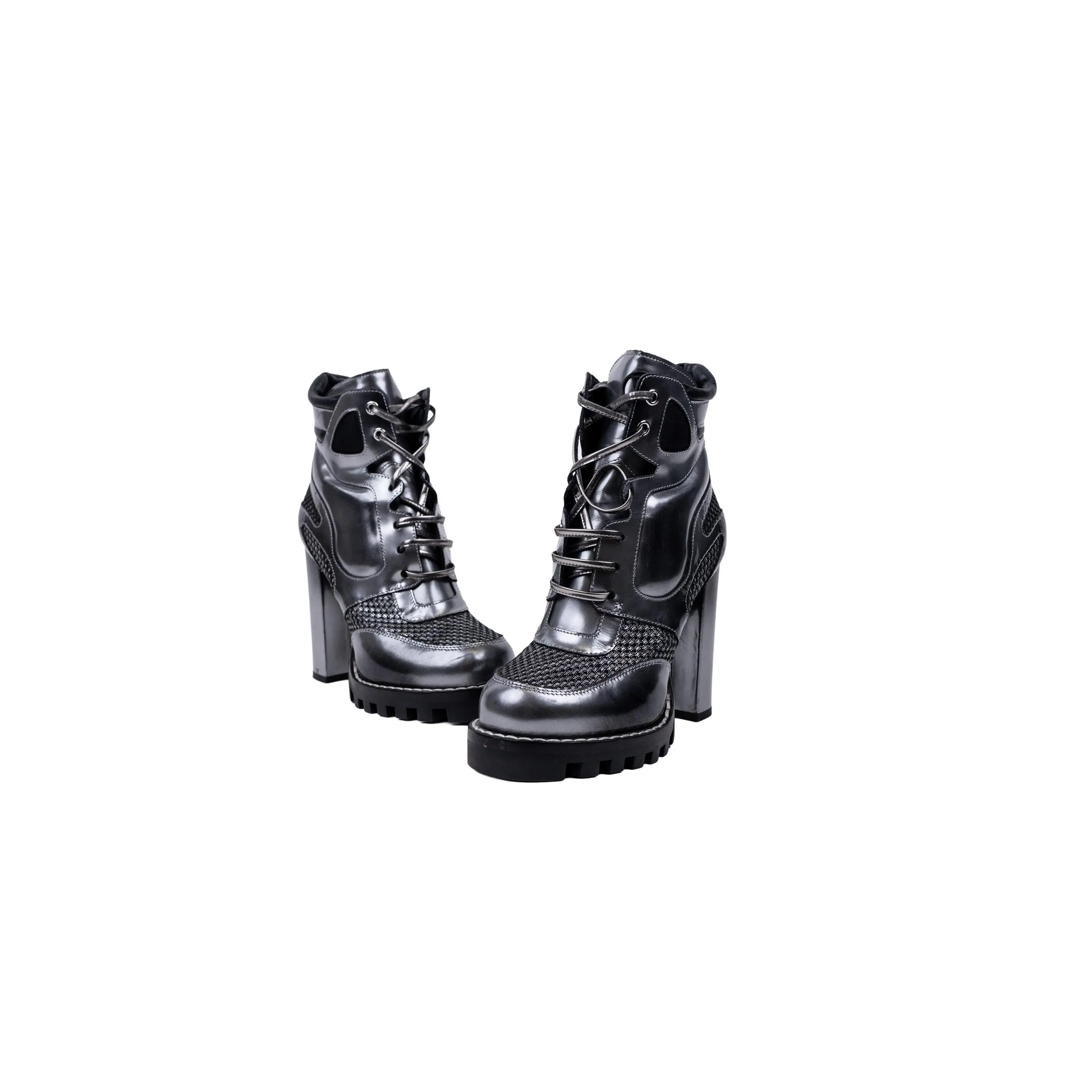 Louis Vuitton Silver Black Mesh Leather 2019 Combat Boots Size 37