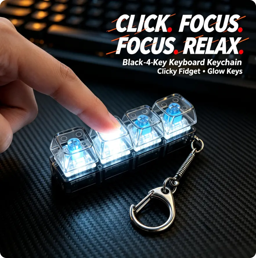 4-Key Keyboard Fidget Keychain - Lightweight Keychain, Portable Press-to-Glow Tactile Clicker, Sensory Stress Relief Toy, 3 Styles (Clear, Black, Pastel), Calm Corner Emotional Regulation Gift for Adults, Portable Keychain Light