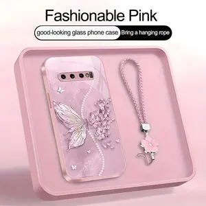 Suitable for [Galaxy S10] high-end phone case，a beautiful four-leaf clover lanyard is included,exquisite and dreamy butterfly pattern,a variety of colors are available for you to choose from YM99