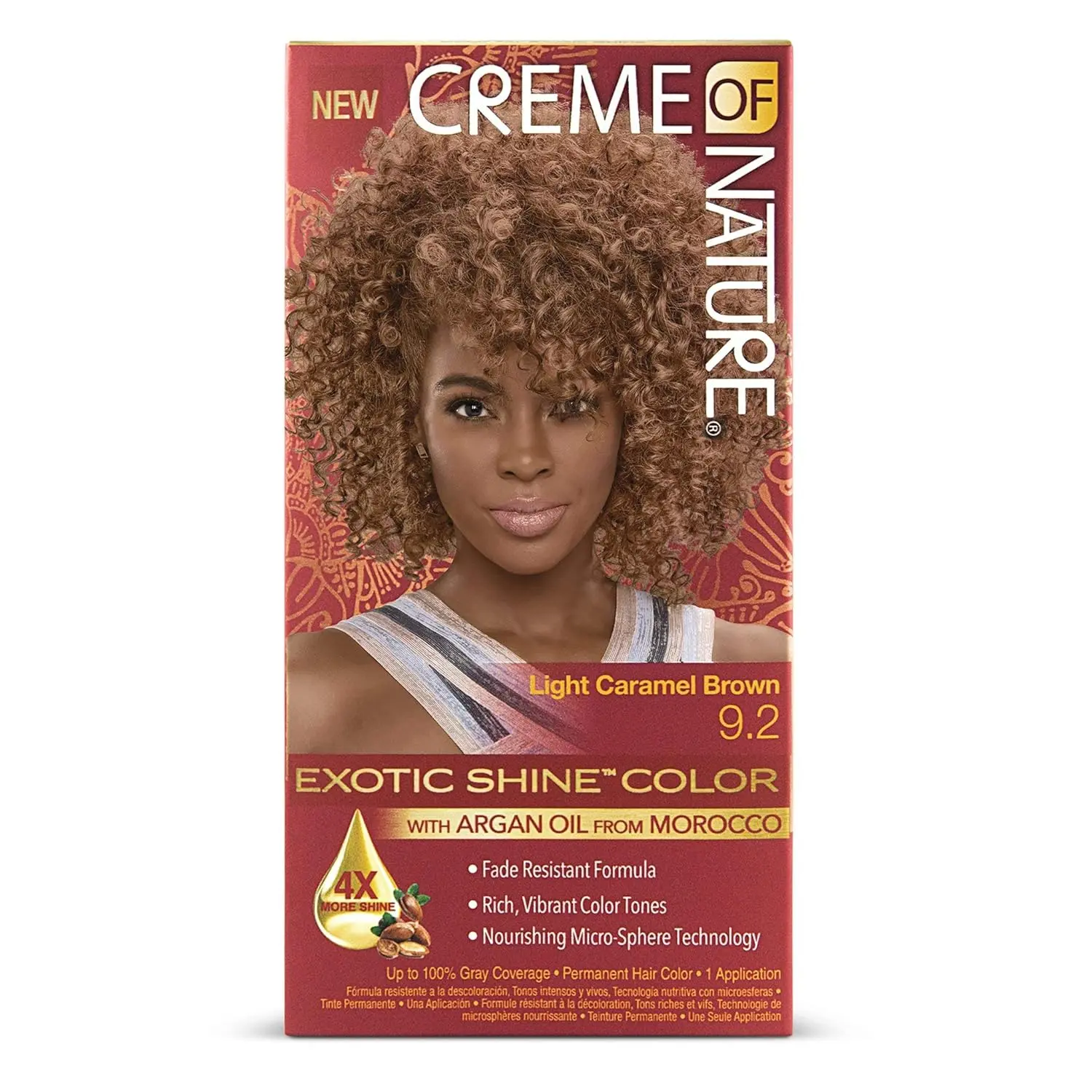 Creme of Nature Exotic Shine Hair Color Cream with Argan Oil, 9.2 Light Caramel Brown, Non-Bleaching Permanent Formula, Strengthening & Conditioning, 1 Application