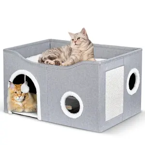 Cat Cave Bed with Ball and Scratch Pad - Foldable Cat House for Indoor Cats, Cat Cubes and Hideaway, Covered Cat Bed for Small Pets and Large Kitties