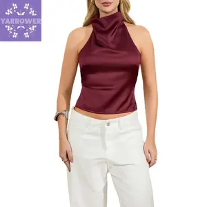 Women's Satin Halter Neck Satin Tops Sleeveless Backless Solid ColorFit Tops Summer Shirts