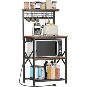 Kitchen Bakers Rack with Power Outlet, Microwave Oven Stand with Storage 4 Tiers, Coffee Bar Table with 6 S Hooks, Kitchen Storage Shelf Rack for Spices, Pots, Rustic Brown