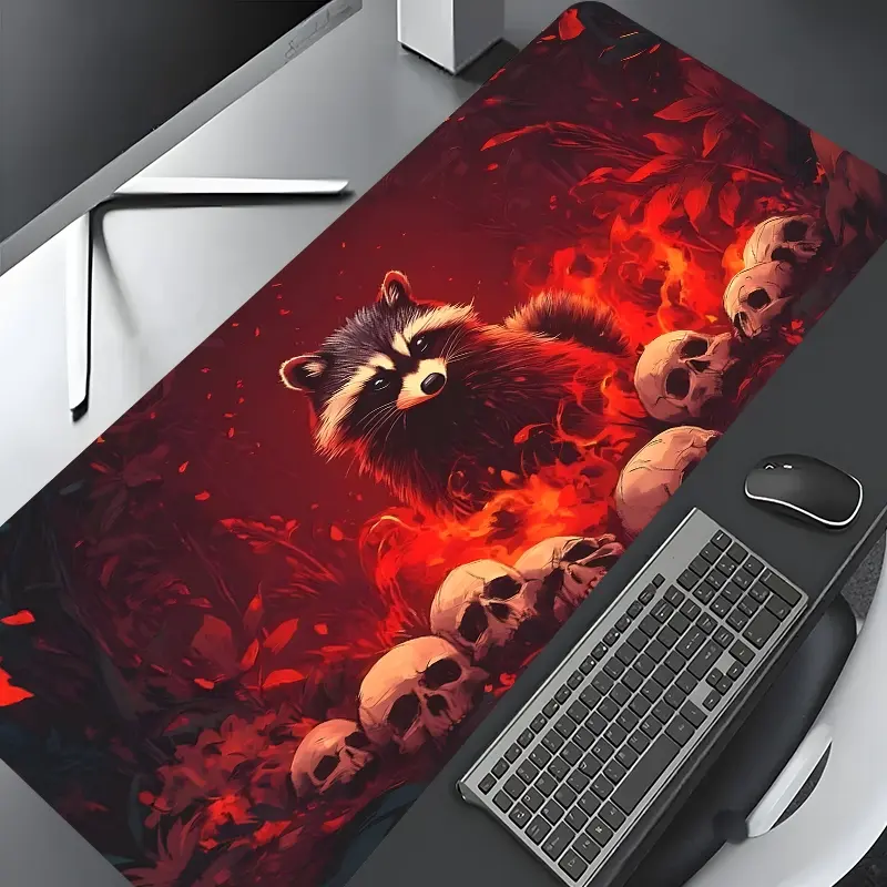 Dark Fantasy Raccoon Large Gaming Mouse Pad, Computer Mouse Pad, Fire & Skull Washable Rubber Extended Desk Mat with Non-Slip Base, Home Office Decor, Mouse Pads for Desk, Mouse Pad For Laptop, Gaming Room Accessories, Gaming Mousepad
