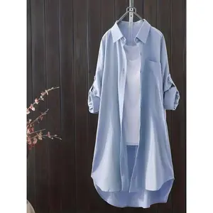Women'S Casual Loose Oversized Midi Shirt, Korean Fashion Solid Color Long Blouse with Lapel Collar, Button Detail, Polyester 95% Spandex 5%, Woven Fabric, Spring/Summer Plus Size Top long sleeve women women's fall clothing office outfits women basic tops