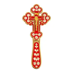 Gold Plated Red Enamel Orthodox Blessing Cross Handheld Eastern Orthodox Jesus Crucifix Church Liturgical Prayer Cross With Gift Box for Clergy Home Altar Decor Religious Gift