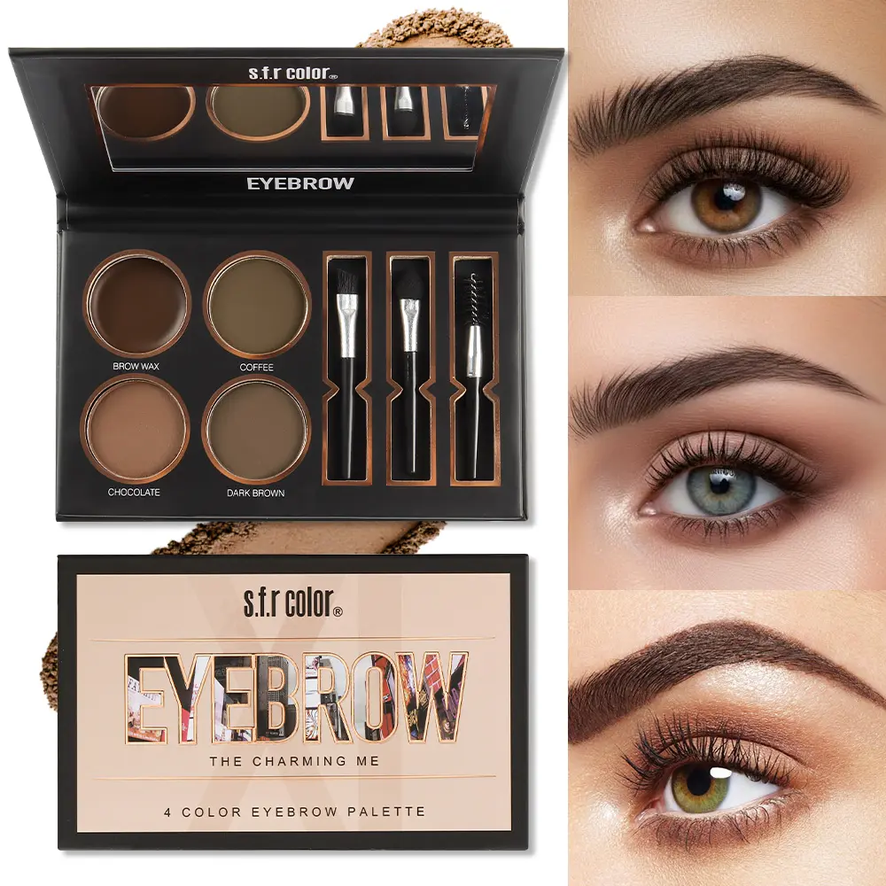 4-Color Eyebrow Palette Kit with Brow Wax, Coffee, Chocolate & Dark Brown Shades, Includes Dual Applicators and Spoolie Brush, Eyebrow Makeup Kit for Natural or Defined Brows
