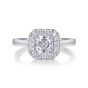 [TW] "Asis" 1ct Asscher Cut Halo Moissanite Ring Solid S925 Sterling Silver Plain Band 18k Platinum Plated Ring VVS1 D Color Perfect Gift For Her Birthday Valentine Propose (R12950)